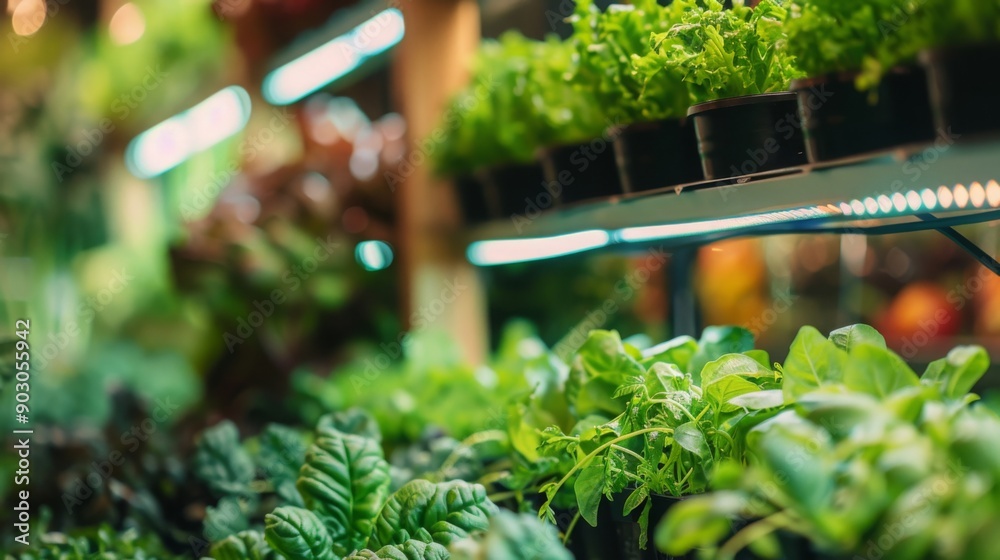 Poster a close-up view of a hydroponic farm growing various types of greens under led lights, with a row of