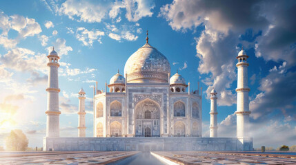 Fototapeta premium The iconic Taj Mahal in Agra, India, with its white marble gleaming in the sunlight against a vibrant blue sky