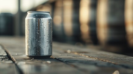 A close-up, detailed view of a wet silver can resting on a wooden table, with a background that hints at an either indoor or outdoor setting, conveying simplicity and refreshment.