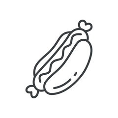 Cute hot dog icon. Hand drawn monochrome illustration of a fast food dish with bread and sausage isolated on a white background. Kawaii sticker. Vector 10 EPS.
