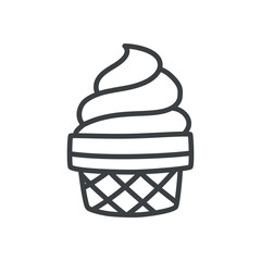 Cute ice-cream icon. Hand drawn monochrome illustration of a waffle cup with ice cream isolated on a white background. Kawaii sticker. Vector 10 EPS.
