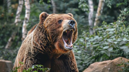 Fototapeta premium Bear Roaring. Angry Grizzly Behind Bush in Wild Nature Habitat