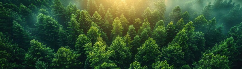 Aerial View of Sunlight Through Dense Forest Canopy.