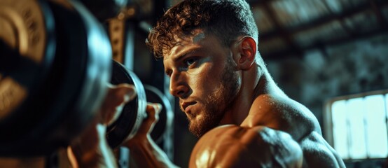 A muscular man lifting weights in a gym, demonstrating dedication and strength in his workout.