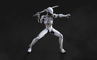 3d illustration of A woman cyborg ninja pose with katana sword on black background with Clipping Path.