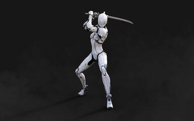 3d illustration of A woman cyborg ninja pose with katana sword on black background with Clipping Path.