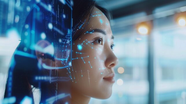 A young woman focuses intently on data analysis as digital graphics overlay her profile in a contemporary office setting during dusk.