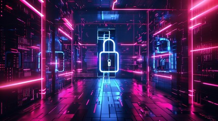 Cybersecurity in a futuristic abstract world with a glowing lock symbol in the center of a hallway with neon lights and complex patterns