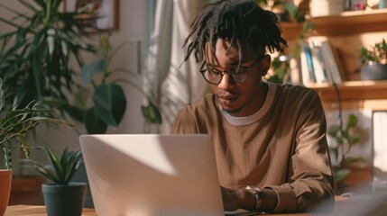 A young man with dreadlocks concentrates on his laptop in a bright home office filled with plants.