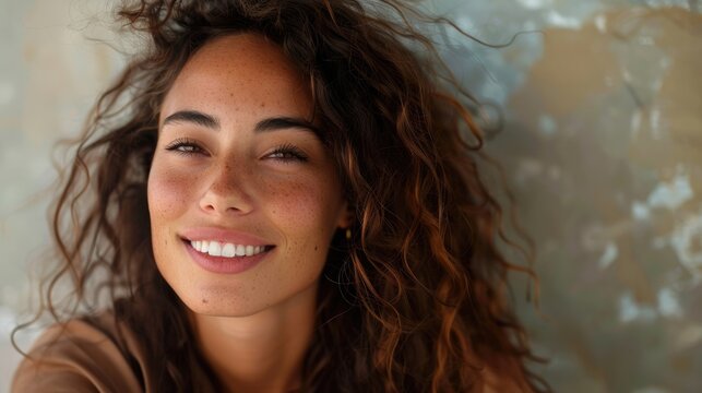 Femme Heureuse. Jeune femme aux cheveux bruns cre&Igrave;oles boucle&Igrave;s, longs et heureux