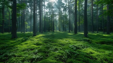 Obraz premium Sunbeams Through Forest Trees.