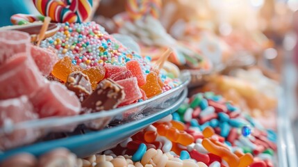 A vibrant assortment of colorful candies, including lollipops, gummies, and chocolates, artistically arranged in a display bowl. Perfect for a sugary temptation.