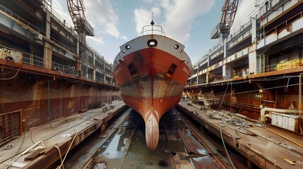 Fototapeta premium A detailed rendering of a cargo ship's hull being inspected and repaired in a shipyard