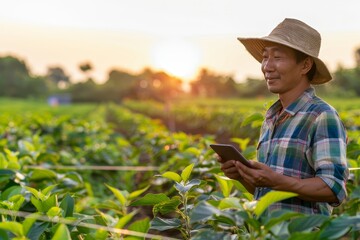 Smiling Asian Farmer Using Digital Tablet While Standing In Agricultural Field On Sunny Summer Day