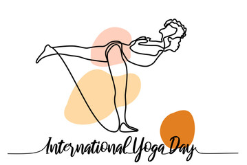 Continuous line drawing exercising woman yoga pose. International yoga day. Hand drawn single line vector illustration