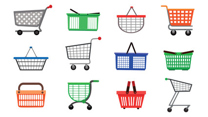 Set colorful, modern baskets and shopping carts in cartoon style. Vector illustration of beautiful grocery baskets and carts for shops, supermarkets, shopping malls isolated on white background.