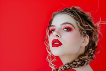 A woman with red hair and red lipstick is standing in front of a red background. She has a bold and confident look on her face