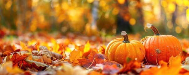 Closeup of a pumpkin patch with colorful leaves, rustic harvest, fall traditions