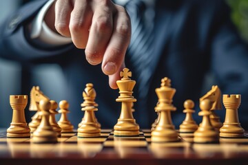 A player's hand reaches towards the king chess piece in a strategic move during a game.