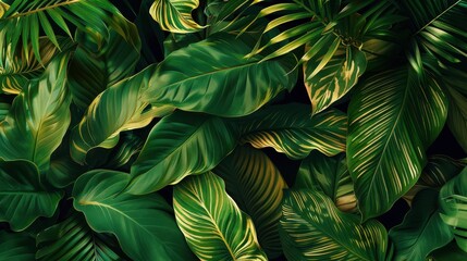 A tropical green leaf pattern with overlapping foliage and a vibrant color palette, perfect for a lively and exotic feel