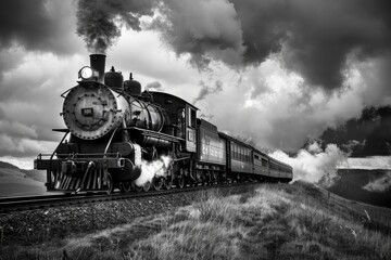 Naklejka premium Steam Engine Black And White. Vintage Locomotive on a Railroad Track Under Cloudy Sky