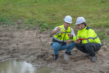 Environmental engineers inspect water quality,Bring water to the lab for testing,Check the mineral content in water and soil,Check for contaminants in water sources.