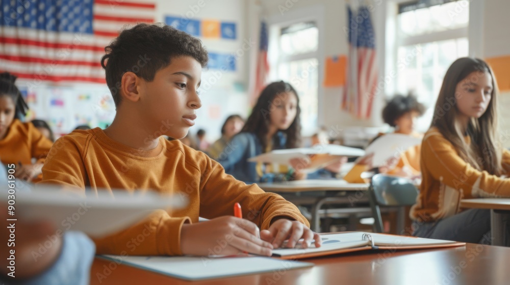 Poster A student attentively writes notes while seated at a desk, surrounded by classmates engaged in a learning activity in a classroom decorated with American flags.