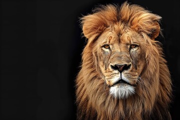 Obraz premium A close-up of a lion's face set against a dark background, Generative AI.