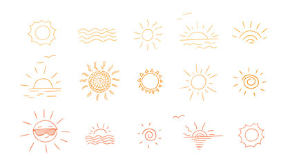 Cute set of suns in doodle style. Sun in sunglasses, sunset, sun rays, sunshine, waves. Summer time. Hand drawn vector illustration. Great for prints, poster, banner and professional design © Natalia