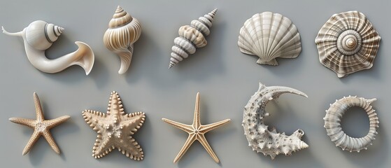 Obraz premium A collection of three-dimensional shell, snail, mollusk, starfish, and sea horse icons, Generative AI.