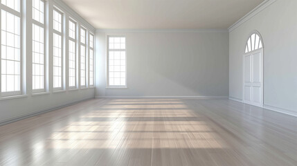 An empty room with a wooden floor. There are three large windows on the left side, each with multiple panes, allowing sunlight to filter in. The walls are painted in a light gray shade