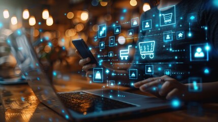A person uses a smartphone and laptop, exploring e-commerce icons in a digital environment, representing modern shopping.