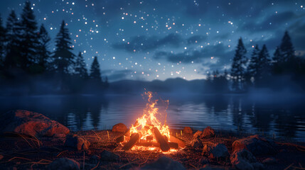 A warm and cosy campfire in the wilderness with forest trees silhouetted in the background and the stars and Northern Lights (Aurora Borealis) lighting up the night sky. Photo composite.