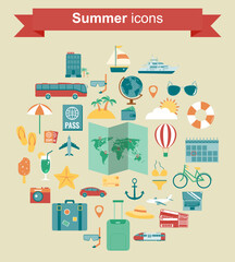 Travel composition with flat design icons. Summer background. Vector illustration