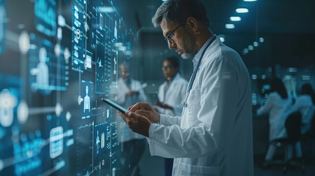 A scientist in a lab coat analyzes data on a tablet against a backdrop of digital information and analytics.