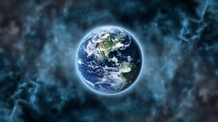 A stunning depiction of Earth, presented as a small, spherical planet. The planet is surrounded by a vast expanse of deep blue space