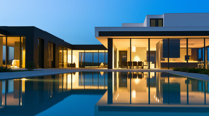 Fototapeta premium A modern architectural house during the evening. The house features sharp geometric lines, large glass windows, and a combination of white and dark-colored exteriors