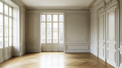 An empty room with a wooden floor. There are three large windows on the left side, each with multiple panes and white frames. The walls are painted in a light gray shade
