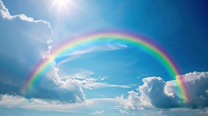 A vibrant rainbow arching across a clear blue sky with fluffy white clouds, adding a bright and cheerful touch to your background