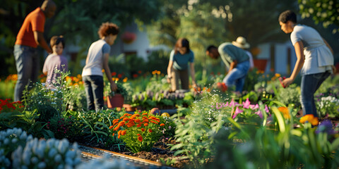 person picking flowers, A group of people working in the flower garden and sun shine brightly, generative AI