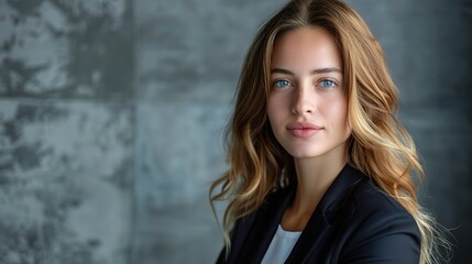 Fototapeta premium Confident Against Concrete: A young professional woman exudes quiet confidence against a modern, industrial backdrop.