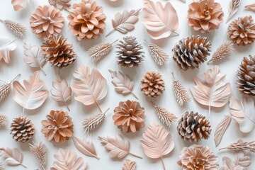 Top view of a set of pastel pink and beige pine cones and leaves on a white background.