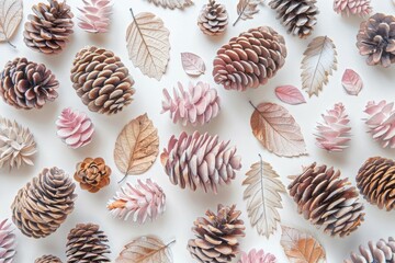 Top view of a set of pastel pink and beige pine cones and leaves on a white background.