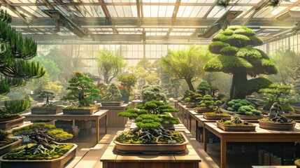 A greenhouse filled with bonsai trees, bathed in soft sunlight. The serene scene evokes peace and tranquility.