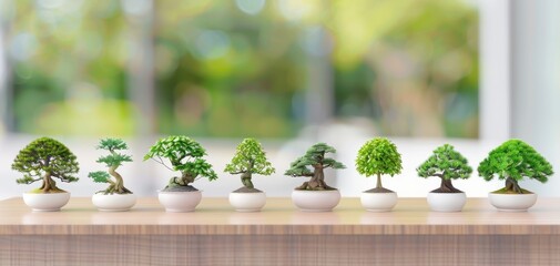 A row of miniature bonsai trees in white pots, set on a wooden shelf against a blurred green background.