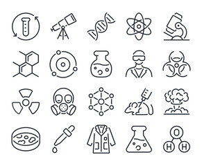Science, chemistry and laboratory editable stroke outline icons set isolated on white background flat vector illustration. Pixel perfect. 64 x 64