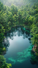Aerial view on the lake and forest. Natural landscape from drone