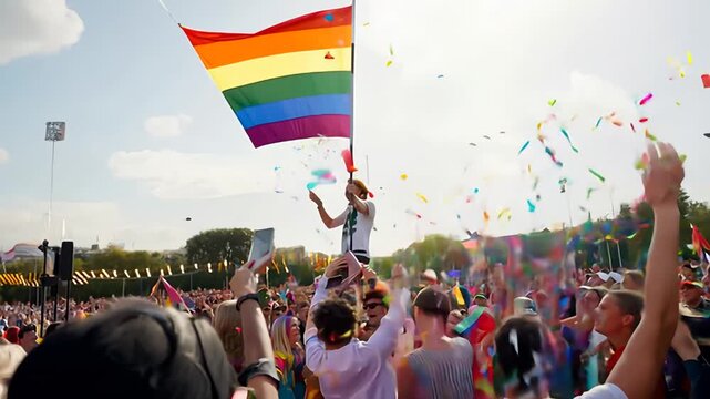 Large Crowd Celebrates Pride Day With Colorful Flags in City Square During Summer Afternoon