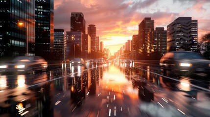 Obraz premium Cars drive on a wet city street at sunset, with skyscrapers reflecting in the puddles.