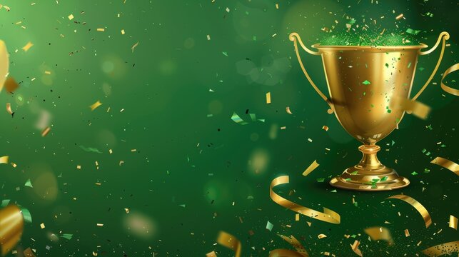 A golden trophy surrounded by falling confetti on a green background highlights the concept of a celebration or achievement.